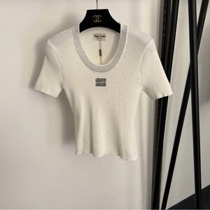 Miu Miu Cream Short Sleeve Tee with Silver Details